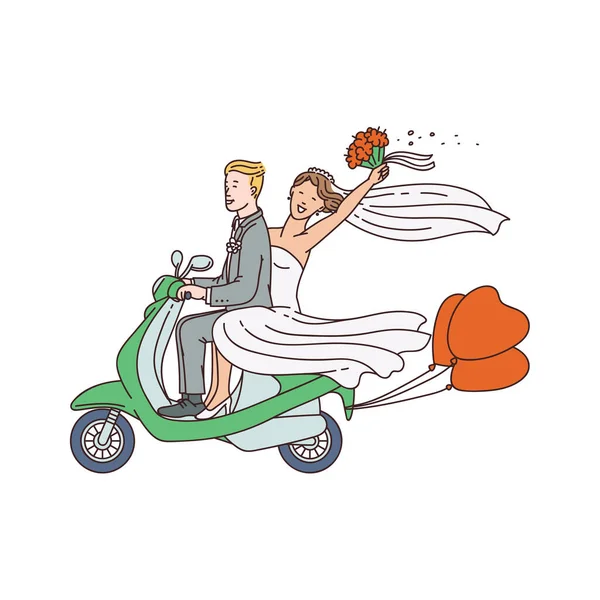 Pareja de recién casados en moto o ciclomotor ilustración vector aislado. — Vector de stock