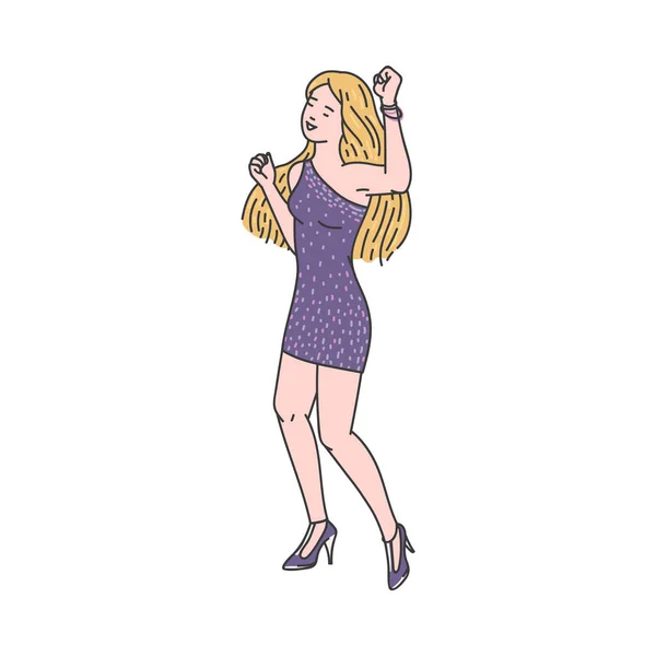 Ballando donna in mini abito in stile schizzo cartone animato vettore illustrazione isolato. — Vettoriale Stock