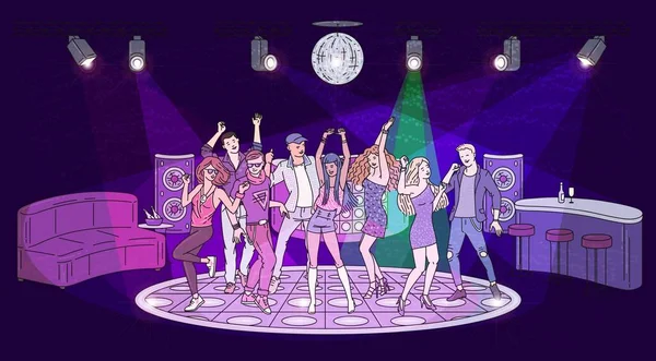 Night club εσωτερικό με πίστα χορού και οι άνθρωποι σκίτσο διανυσματική απεικόνιση. — Διανυσματικό Αρχείο