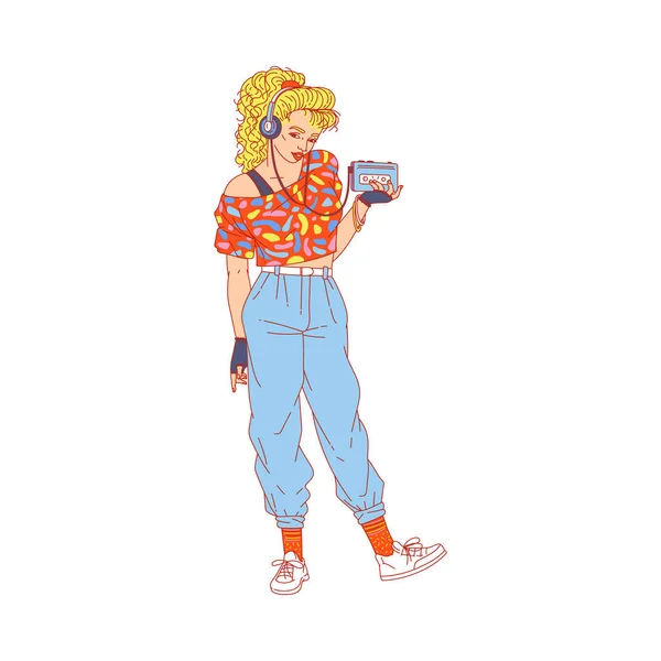 Chica joven de moda en el estilo de 80-s dibujo vector ilustración aislado. — Archivo Imágenes Vectoriales