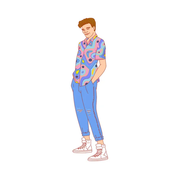 Hombre que usa ropa en estilo de los años 80 o 90, ilustración vectorial de bocetos aislado. — Archivo Imágenes Vectoriales