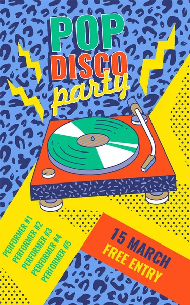Pop Disco Party Banner Vorlage im Retro-Stil Cartoon Vektor Illustration. — Stockvektor