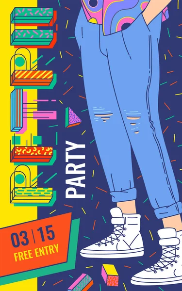 Retro party poster in 80s and 90s style, cartoon sketch vector illustration. — Stock Vector