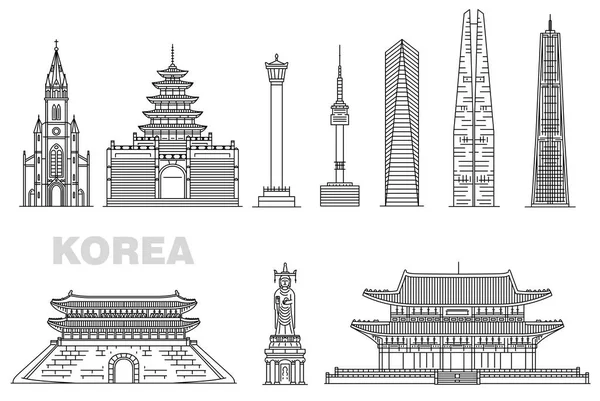 韓国人観光客のランドマークのセットベクトルイラストのスケッチスタイルで孤立. — ストックベクタ