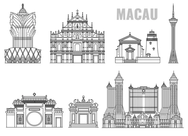 Ícone de linha de construção famoso marco definido de Macau, China —  Vetores de Stock