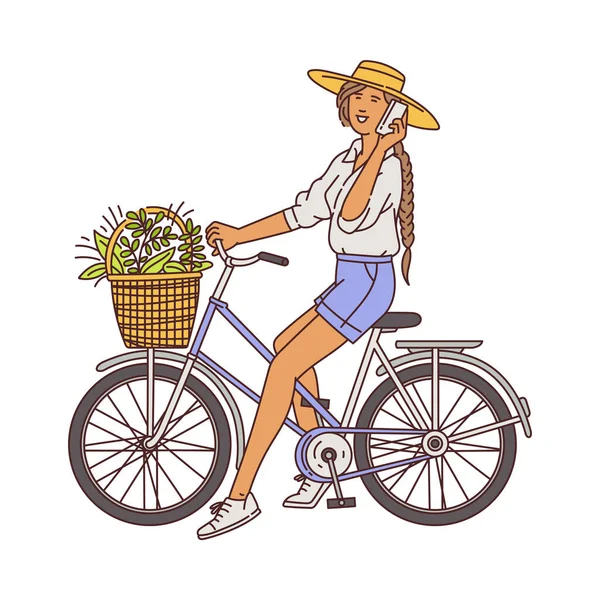Девушка на велосипеде с корзиной полный цветов набросок векторной иллюстрации изолированы. — стоковый вектор