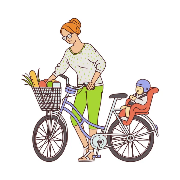 Cartoon μητέρα στέκεται κοντά ποδήλατο με παντοπωλεία στο καλάθι και το παιδί στο κάθισμα του μωρού — Διανυσματικό Αρχείο