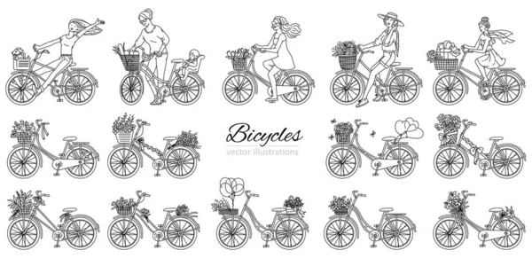 Állítsa vázlat vonal képek lányok és kerékpárok, vektor illusztráció elszigetelt. — Stock Vector