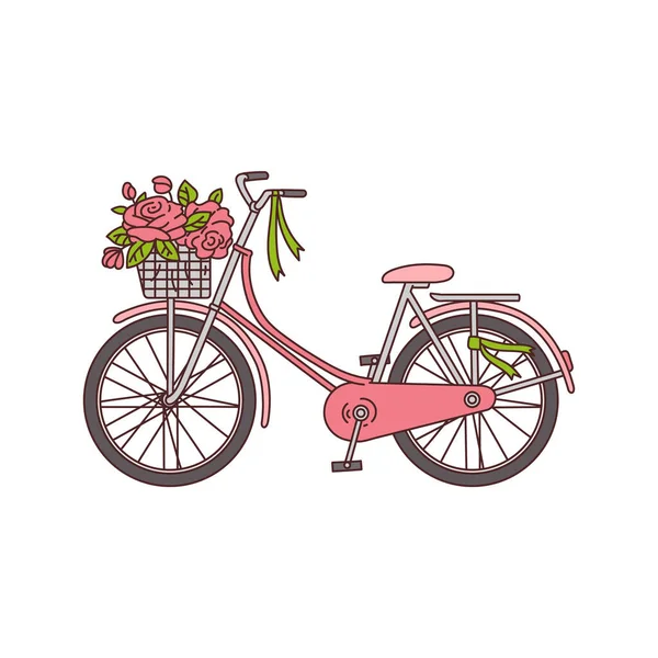 Rower z koszykiem pełnym kwiatów ikona szkic wektor ilustracja izolowane. — Wektor stockowy