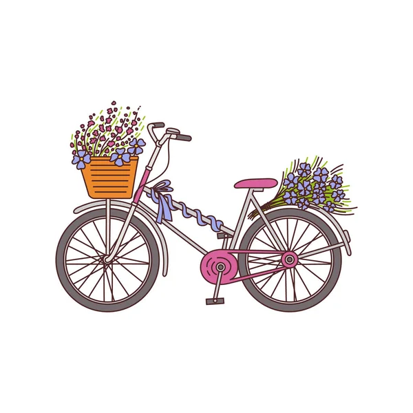Fahrrad-Symbol mit Wildblumen Skizze Cartoon Vektor Illustration isoliert. — Stockvektor