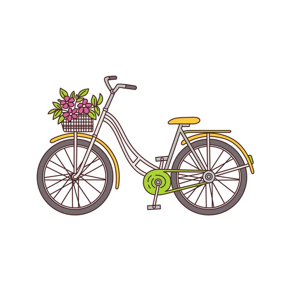 Vintage fiets met bloemboeket in mand geïsoleerd op witte achtergrond — Stockvector