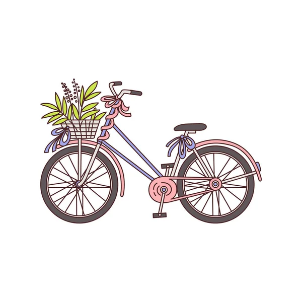 Bicicleta vintage feminina com plantas na cesta da frente decorada com fitas e arcos — Vetor de Stock