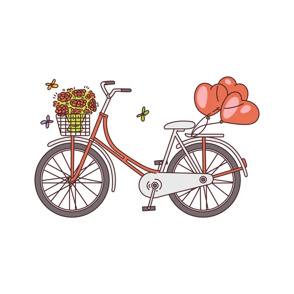 Fiets of fiets met bloemen en ballonnen schets vector illustratie geïsoleerd. — Stockvector