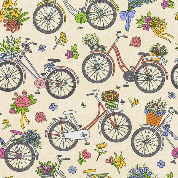 Patrón sin costuras de bicicleta floral - bicicletas de dibujos animados con cestas de flores — Archivo Imágenes Vectoriales