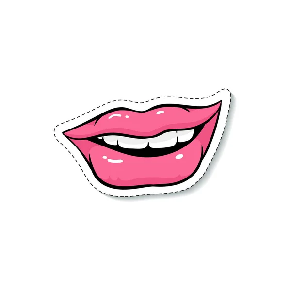 Sonriente mujer labios moda parche o pegatina dibujo vector ilustración aislado. — Archivo Imágenes Vectoriales