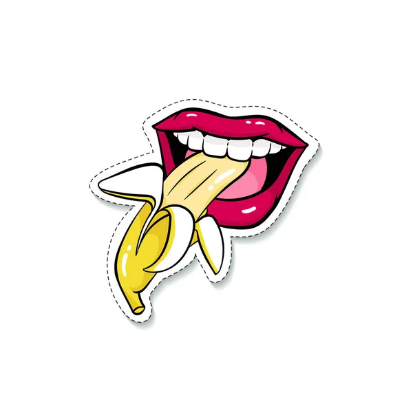 Sonriente mujer boca comer plátano, vector ilustración en 80-s estilo aislado. — Archivo Imágenes Vectoriales