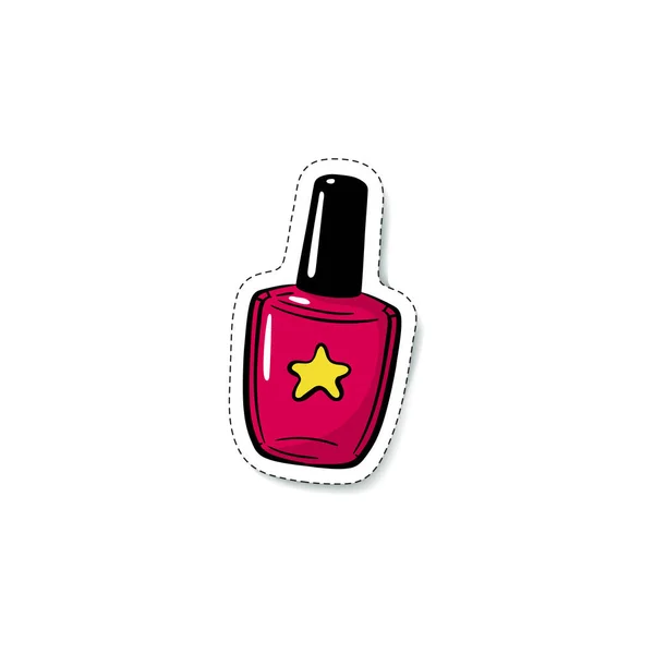 Red nail polish bottle with yellow star - cartoon doodle sticker isolated on white background. — Stock Vector