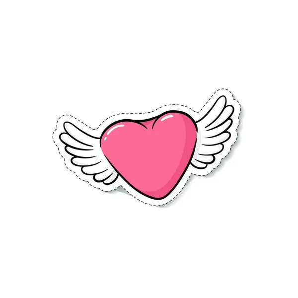 Cute pink heart with angel wings - cartoon sticker isolated on white background. — Stock Vector