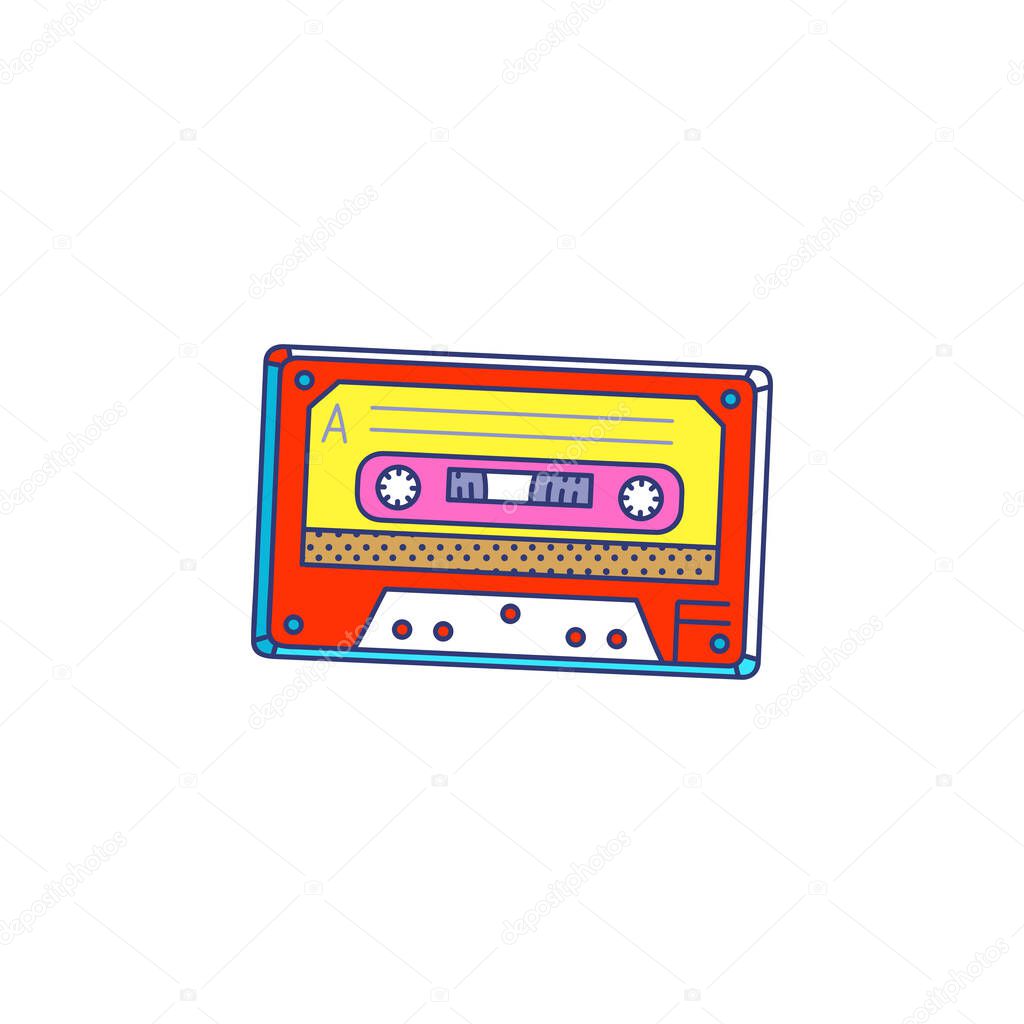 Retro audio cassette cartoon pop art icon, sketch vector illustration isolated.