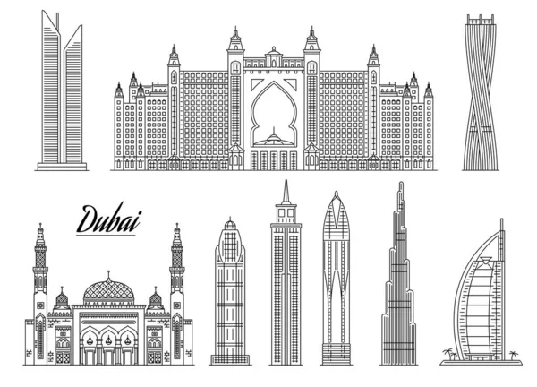 Famoso conjunto de iconos de la línea de construcción de Dubai aislado sobre fondo blanco — Archivo Imágenes Vectoriales