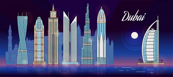 Bannière d'horizon de Dubaï nocturne avec bâtiments emblématiques et gratte-ciel — Image vectorielle