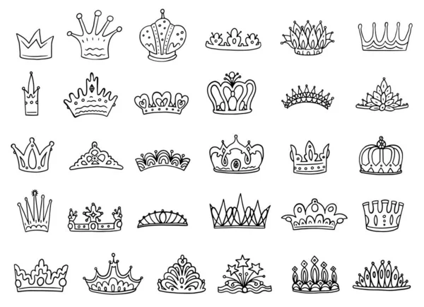 Ensemble de couronnes de bijoux royales - illustration de croquis vectoriels contour noir isolé. — Image vectorielle