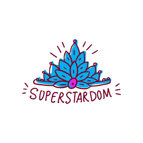 Super stardom doodle - corona real azul dibujada a mano con decoraciones de pétalos de flores — Archivo Imágenes Vectoriales