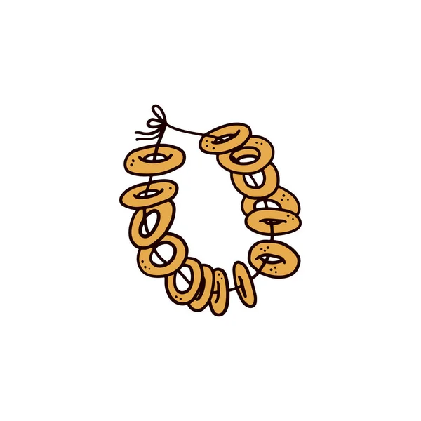 Corde de bagels russes traditionnels - dessin doodle de sushki, baranki ou bubliki — Image vectorielle