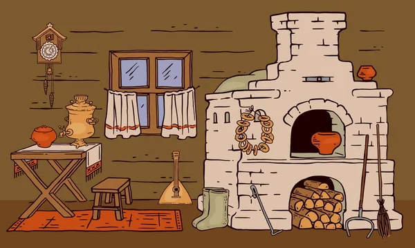 Російська плита в дерев'яному сільському будинку hous, векторний ескіз ілюстрації карикатури. — стоковий вектор