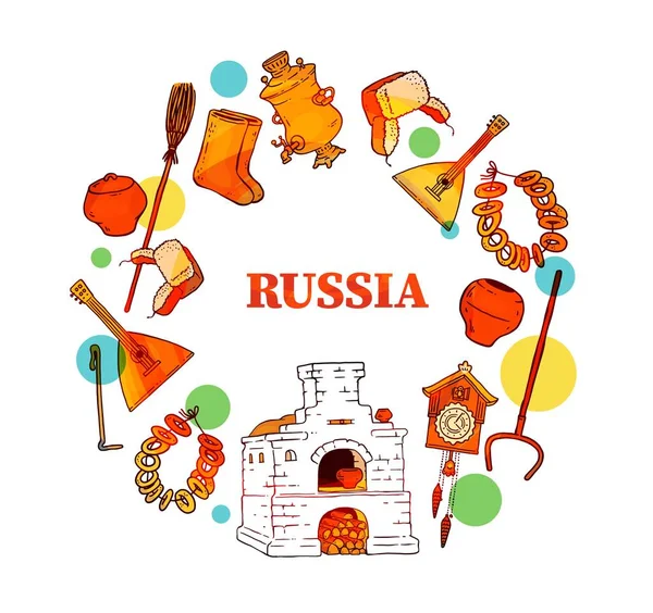 Bienvenido a Rusia bandera con elementos de cultura rusa vector ilustración aislado. — Vector de stock