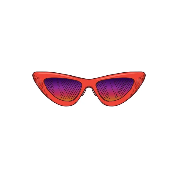 Kırmızı çerçeveli ve renkli lensli Retro kedi gözü güneş gözlükleri - izole edilmiş çizim — Stok Vektör