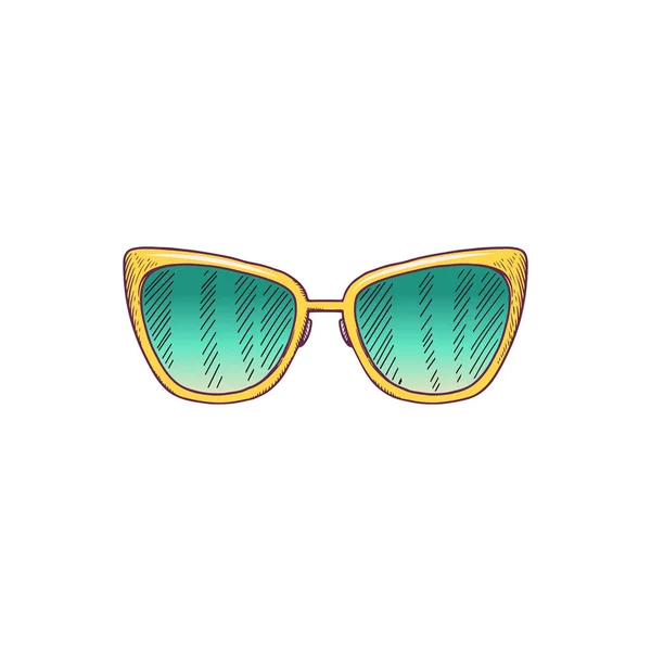 Handgezeichnete gelbe Schmetterlingssonnenbrille mit grünem Glas — Stockvektor