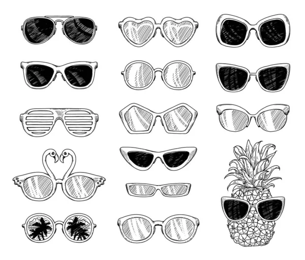 Black and white tropical sunglasses drawing set isolated on white background — Stock Vector