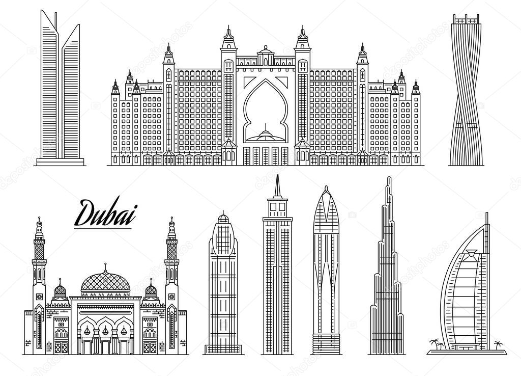 Famous Dubai building line icon set isolated on white background