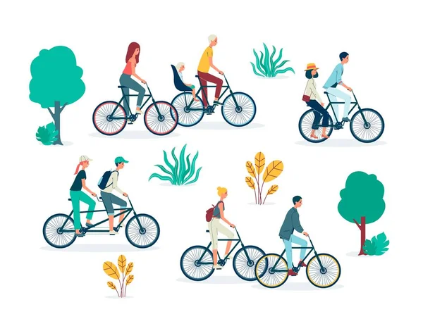 People cartoon characters riding bicycles flat vector illustration isolated. — Stock Vector
