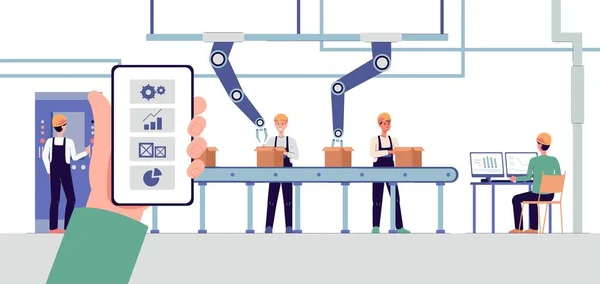 Smart Factory Interieur mit Roboterarmen und Förderbandvektor-Illustration. — Stockvektor