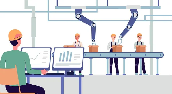 Smart factory - bracci robot e cartone animato che lavorano insieme al nastro trasportatore — Vettoriale Stock