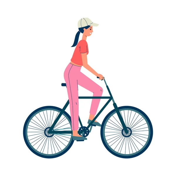 Cartoon girl riding a bicycle and smiling - side view of young woman on a bike — Stock Vector