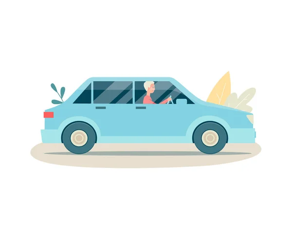 Uomo personaggio dei cartoni animati guida auto vettoriale piatto illustrazione isolato su bianco. — Vettoriale Stock