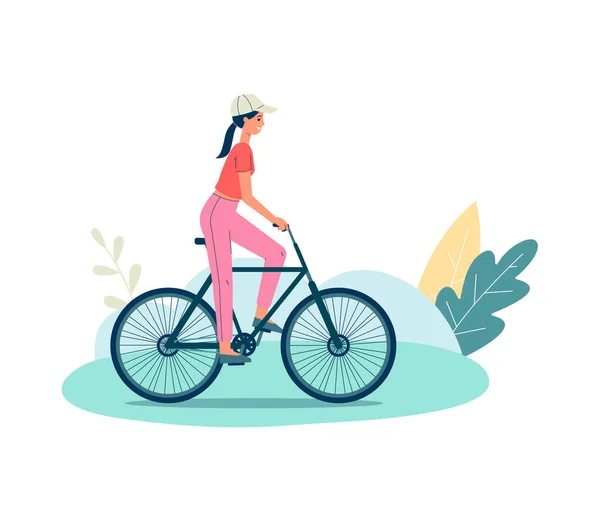 Mujer en bicicleta - vehículo ecológico, ilustración vectorial plana aislada. — Vector de stock