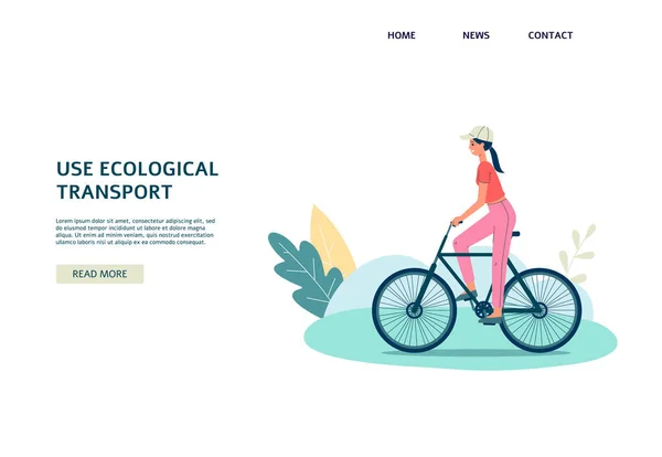 Gebruik ecologisch transport - vlakke banner met meisje op de fiets — Stockvector
