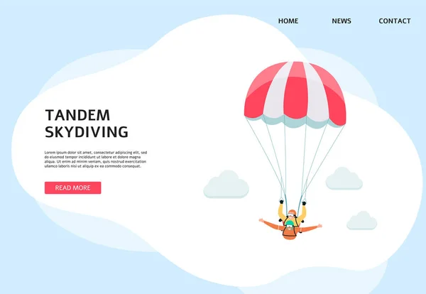 Tandem skydiving website banner - twee cartoon mensen vliegen met parachute — Stockvector