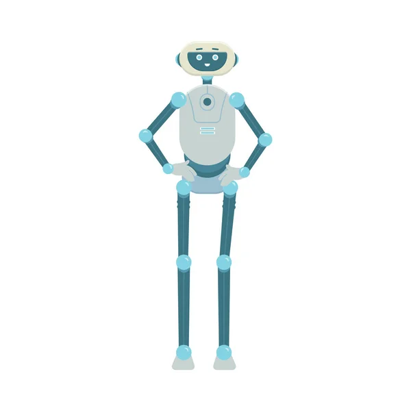 Robot cyborg de dibujos animados de pie y sonriendo aislado sobre fondo blanco — Vector de stock