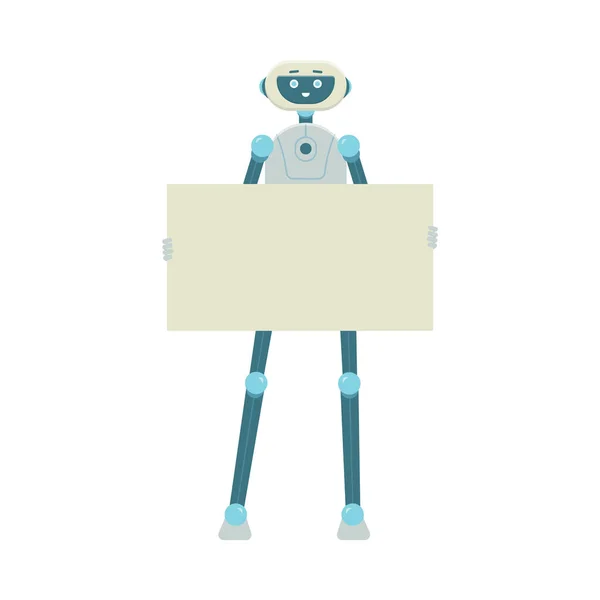 Robot de dibujos animados sosteniendo letrero en blanco y sonriendo aislado sobre fondo blanco — Vector de stock