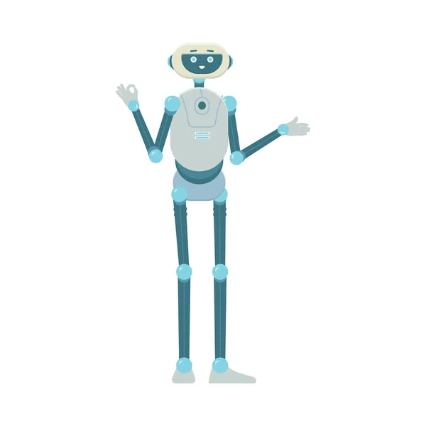 좋은 손짓과 웃는 모습을 보여 주는 귀여운 만화 휴머노이드 로봇 — 스톡 벡터