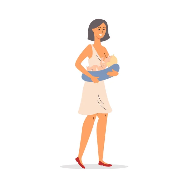 Cartoon moeder borstvoeding haar baby geïsoleerd op witte achtergrond — Stockvector