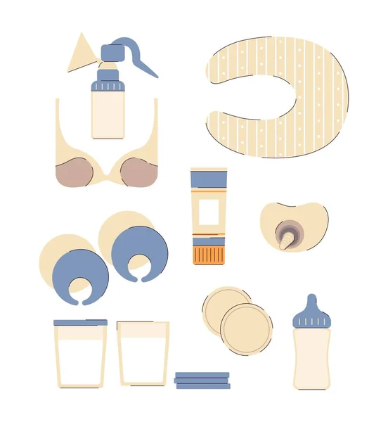 Комплект оборудования для грудного вскармливания - бутылка молока, молокоотсос, прокладки для сосков и т.д.. — стоковый вектор