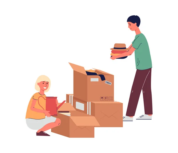 Man and woman packing boxes for house moving flat vector illustration isolated. — Stock Vector