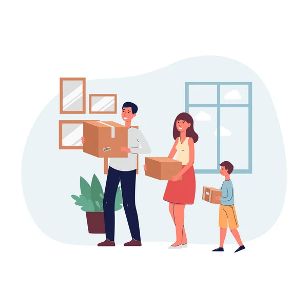 Cartoon family moving into new home - parents and son holding cardboard boxes — Stock Vector