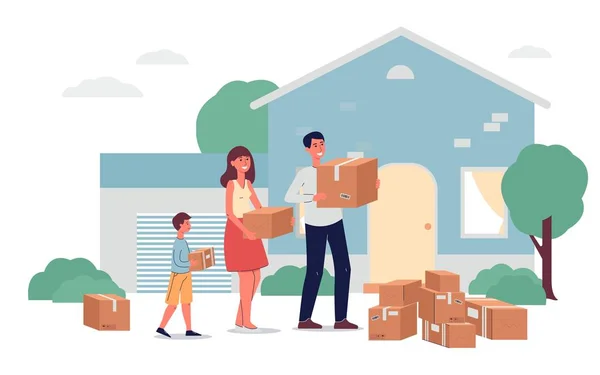 Family with children pack boxes for moving to new house flat vector illustration. — Stock Vector